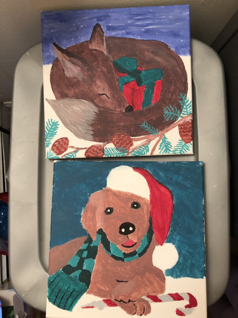 Oximorehots's tweet photo. Had a wonderful time painting today with the fiancée @plasticfruit_jm. Was really fun and despite the fact that I have no artistic skill, I’m pretty proud of the result. I did the dog, Julie did the fox https://t.co/Fa0Ymsk0SL
