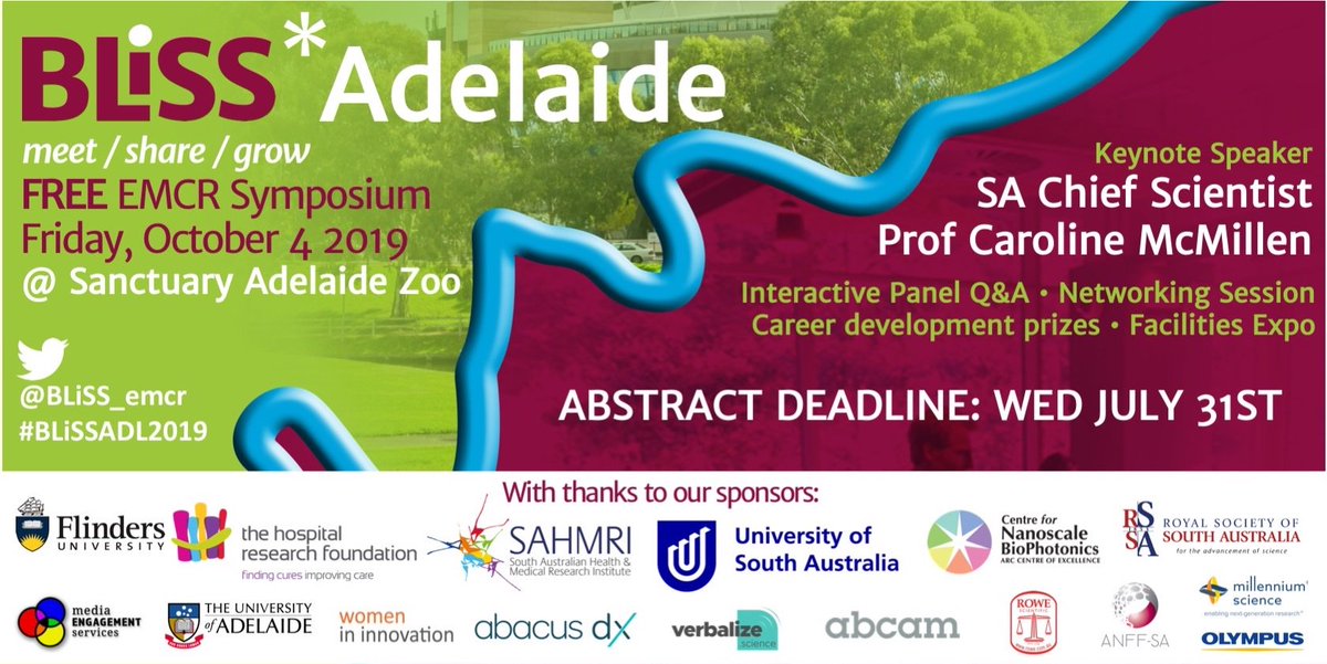 Less than one week till the deadline for oral or poster presentations for BLiSS*Adelaide - the first multidisciplinary conference of it's kind in SA!
We know STEM EMCRS in Adelaide are doing great research - we want to hear it!
Submit here ➡️adelaide.bliss-ecr.org/2019/abstract_…
