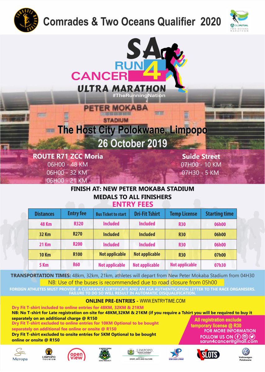 sa_run4cancer's tweet photo. Register OnLine https://t.co/IkZ2eXt5Rx
48km..32km..21km..10km & 5km Fun Run
#SARun4CancerUltraMarathon
26 OCT 2019
Host City: Polokwane
#challengeaccepteddboss https://t.co/PBgUQ6wsep