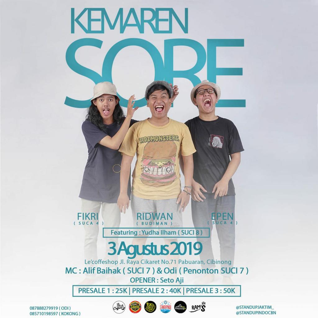 Selamat siang tuips, asiik. Jadi sebelum #pengakuan Tour Bojonggede, ada show keren juga yang kalian bisa tonton tuiiips. Bertajuk #KemarenSore ada babang2 keceee, infonya check @StandUpIndoCBN :)