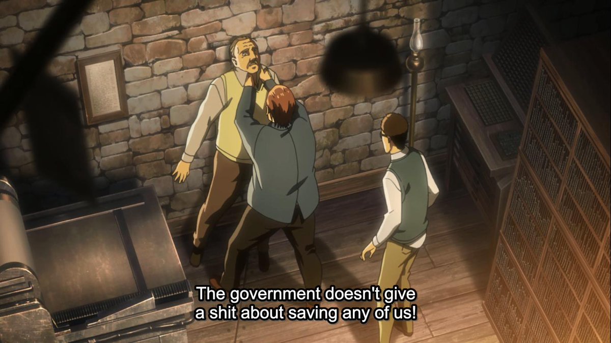 Right-leaning people: "Anime is obviously apolitical."Attack on Titan S3 First Cour:(The past few episodes had blatantly obvious political things in them BTW, unless you think "government" isn't political)