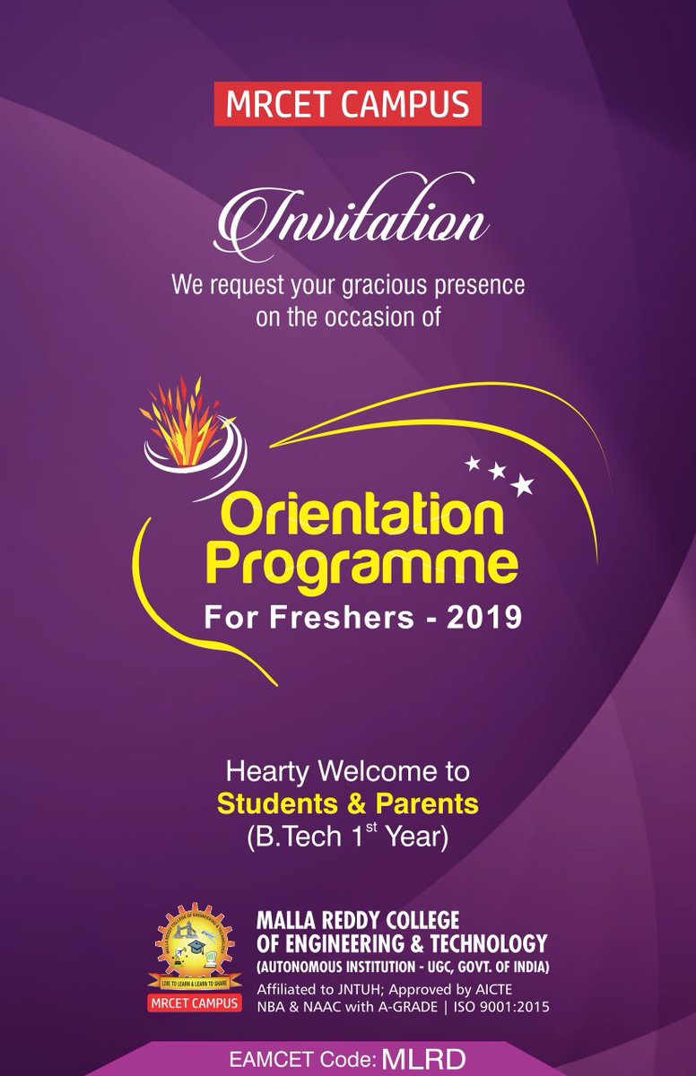 mrcetofficial's tweet photo. MRCET@CAMPUS-Malla Reddy College of Engineering & Technology(#MRCET) Sincerely Welcomes the Students & Parents on the occasion of #Orientation_Programme for Freshers 2019. Chief Guest Sri. #CH_MALLAREDDY , Hon'ble Minister of #Telangana, Founder Chairman of #MRGI.
@Drbhadrareddy https://t.co/2qlrjMTwUp