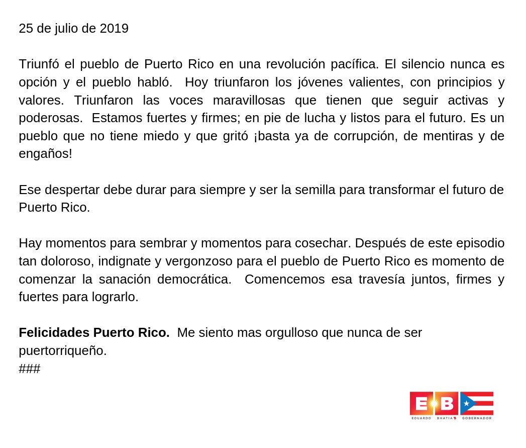 eduardobhatia's tweet photo. Triunfó el pueblo de Puerto Rico en una revolución pacífica. Triunfaron los jóvenes valientes, con principios y valores.
Es un pueblo que no tiene miedo y que gritó ¡basta ya de corrupción, de mentiras y de engaños!

Me siento mas orgulloso que nunca de ser puertorriqueño.
👇🏼 https://t.co/XuQZ0kKZKM