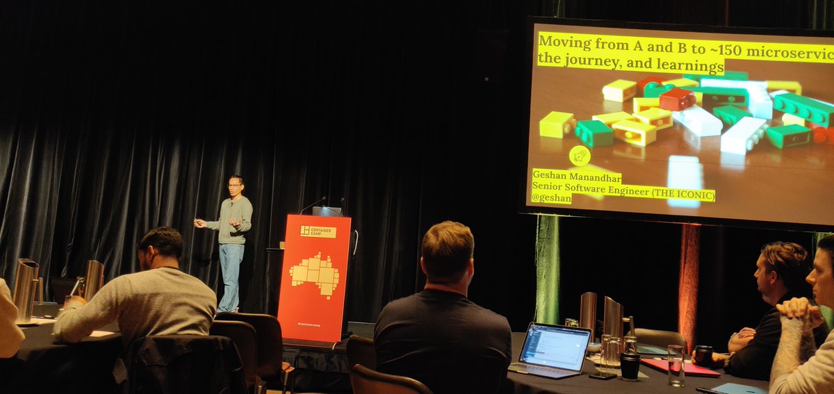 geshan's tweet photo. Just done with my talk about #microservices at @containercamp au #containercamp https://t.co/Qgnz1sckP0