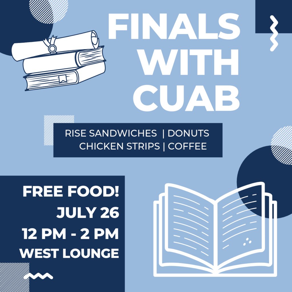 CUAB's tweet photo. Friday Fun! Come by the West Lounge for Rise sandwiches and goodies! Free lunch, free exam materials form 12 to 2! See you there! #cuablovesyou #riseandgrind #examseason https://t.co/YaG9LcoEui