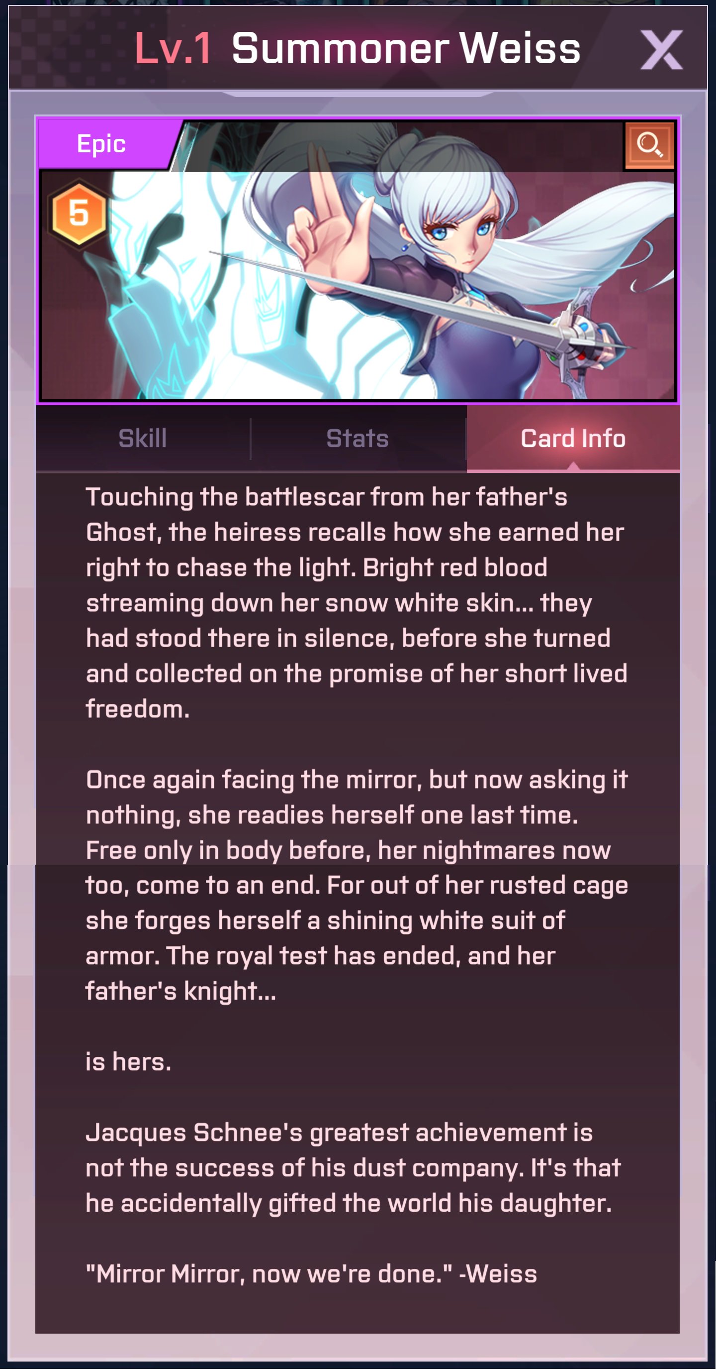 Rwby Amity Arena Summoner Weiss Enters The Fray Here S The New Card Text Enjoy And We Hope Many Of You Will Unlock Her Soon She S An Epic Rarity Also Caseylwilliams The Songs Add So Much To Weiss Thank You Rwby