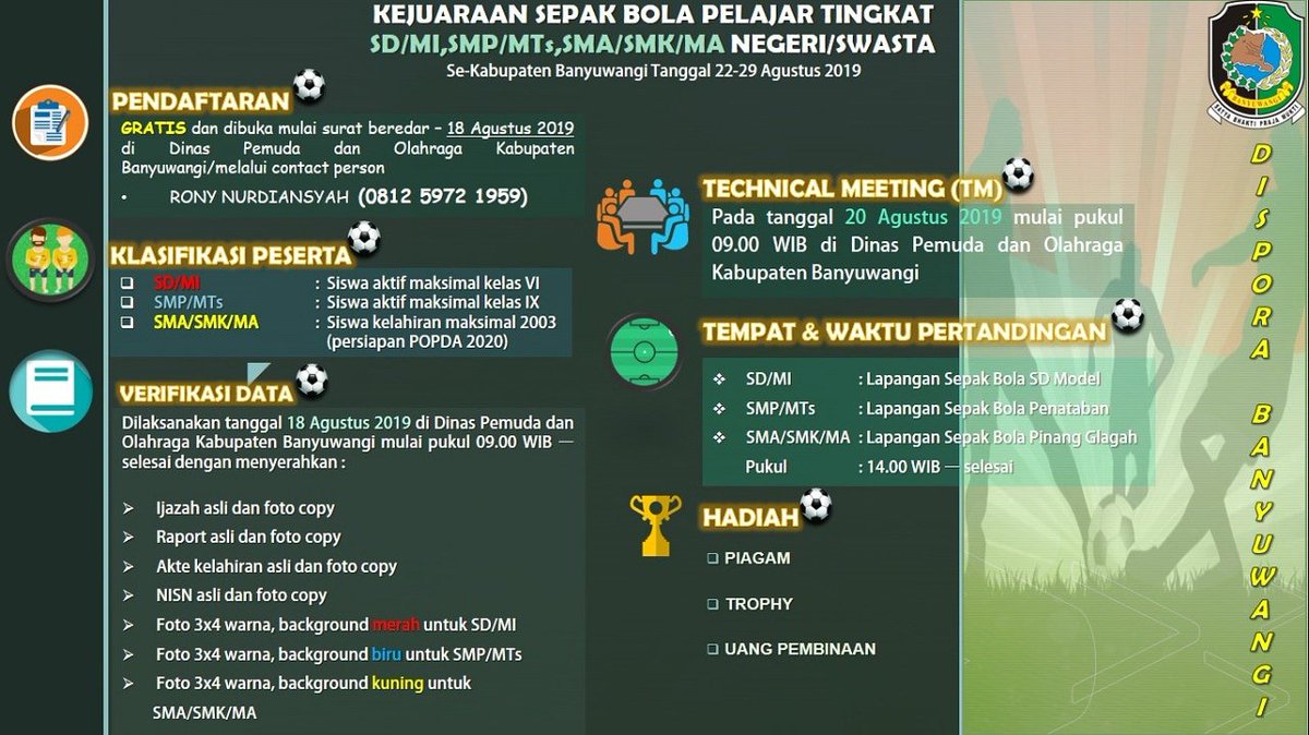 Dispora Banyuwangi (@dispora_bwi) on Twitter photo Ayo! Segera daftarkan dirimu dlm Kejuaraan Sepak Bola Pelajar tingkat SD/MI, SMP/MTs, SMA/SMK/MA Negeri/Swasta Se-Kab Banyuwangi tgl 22-29 Agustus 2019
Pendaftaran dibuka sampai tanggal 18 Agustus 2019. Jangan sampai kelewatan ya
<a href="/wawanyadmadi/">Wawan Yadmadi</a> <a href="/AzwarAnas_A3/">Abdullah Azwar Anas</a> <a href="/banyuwangi_kab/">Kabupaten Banyuwangi</a> Ayo! Segera daftarkan dirimu dlm Kejuaraan Sepak Bola Pelajar tingkat SD/MI, SMP/MTs, SMA/SMK/MA Negeri/Swasta Se-Kab Banyuwangi tgl 22-29 Agustus 2019
Pendaftaran dibuka sampai tanggal 18 Agustus 2019. Jangan sampai kelewatan ya
<a href="/wawanyadmadi/">Wawan Yadmadi</a> <a href="/AzwarAnas_A3/">Abdullah Azwar Anas</a> <a href="/banyuwangi_kab/">Kabupaten Banyuwangi</a>