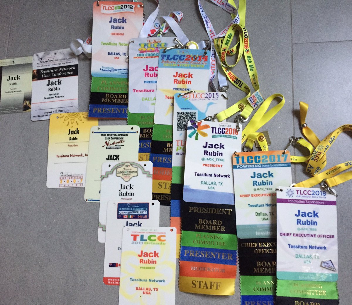 JackBRubin's tweet photo. Ready for #TLCC2019   Collection from 2003-2018 here. In 2002 we were in Chicago the first time with 125.   I vaguely recall adhesive tags there.  In our first gathering in 2001 when company was formed, we we had name tents. 2019 will be our biggest in sessions and attendees. https://t.co/XMywnxGLaR