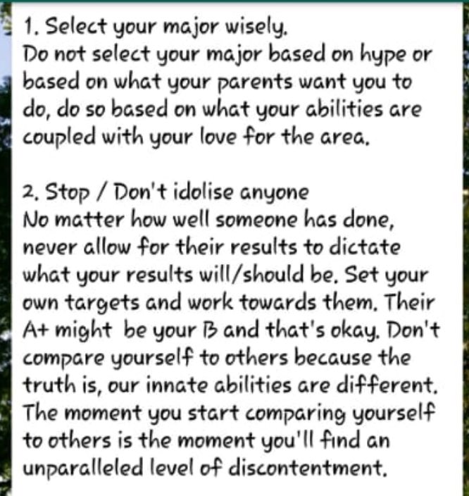 UWIActuarialSoc's tweet photo. (1/2)
1. Select your major wisely.
2. Stop/ Don’t Idolise Anyone
3. Do what works for you.
4. Being a friend and a study partner should be independent of each other
5. Ensure that you rest.
6. Keep mental and spiritual health in check
#UWIASFreshers https://t.co/0HRwFR2aTV