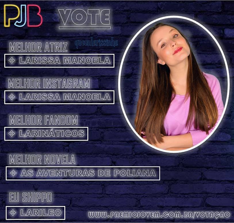 QueenLarissinha's tweet photo. Nossa Larissinha passou nessas 5 categorias lá no PJB!!
Bora votar no site https://t.co/VyIzlZ9v8d
Vamos dar mais essa conquista para nossa idola. Ela merece todo esse reconhecimento!
@larimanoela @premiojovem
#LarissaManoela #LariManoela #CentralDeFãsLM #PJB2019 https://t.co/GazFysfOT6