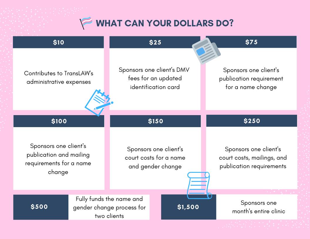 TransLAWdc's tweet photo. Every dollar counts! Take a look at the breakdown of how your donations translate directly into life-changing assistance for our trans and gnc clients. https://t.co/H2pMUchJIQ