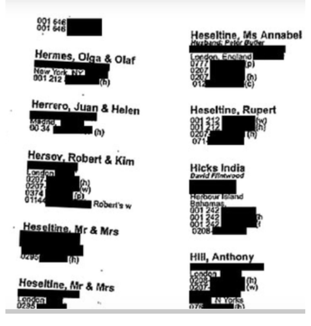 Former deputy prime minister Michael Heseltine and his family have numerous listings in Epstein's book. Hezza was one of several MPs who helped Harvey Proctor set up his shirt shop. He also gave porn collector Patrick Rock, Cameron's close aide, his first break in politics.