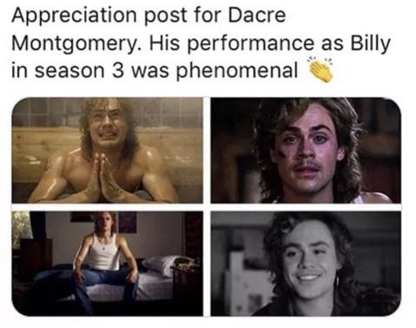 WeeeeekndXO's tweet photo. This man deserves an award for sure!! 🙌🙌👏👏 #strangerthings #DacreMontgomery #billy #st3 #strangerthingsmemes #StrangeraThings3 https://t.co/jMxDy7DEyb