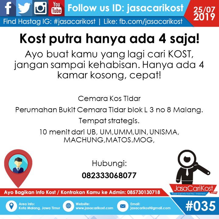 Cari KOST, Ayo HasTag: #jasacarikost #infokost #infokostmalang #mahasiswaum #anakkost #kampusmalang #infokontrakan #infokos #infoUB #malang #kostputri #putrimalang #kostcewek #latepost #kostputra #putramalang #kostcowok #mahasiswamalang #infomalang