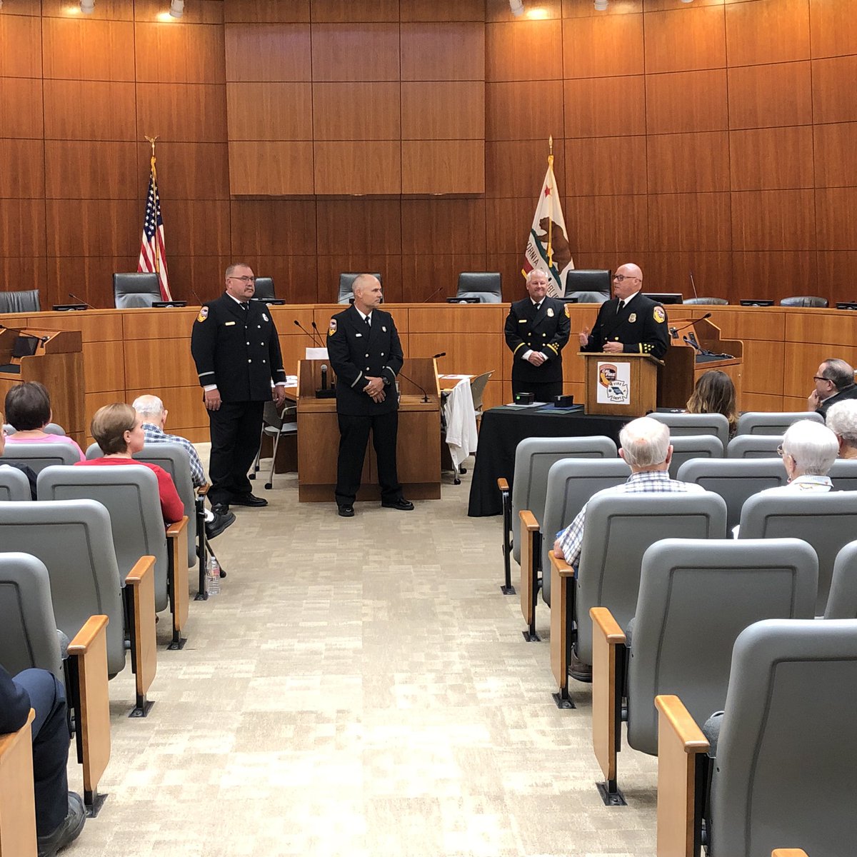 CALFIRE_SLO's tweet photo. @CALFIRE_SLO Unit Chief Jalbert, Assistant Chief Money, and District 3 Supervisor Adam Hill recognize CAL FIRE Staff for their promotional achievements and 25 years of service at the San Luis Obispo County Board of Supervisors Chambers. #calfireslo #sanluisobispocounty https://t.co/Kfv5nKFVsX