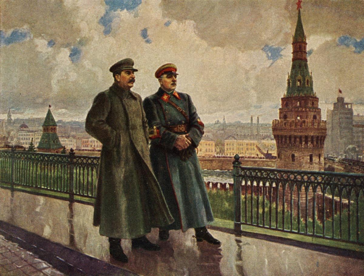 ActualSoviet's tweet photo. Aleksandr Gerasimov - Stalin and Voroshilov in the Kremlin (1938) https://t.co/NH2JWKDtwt