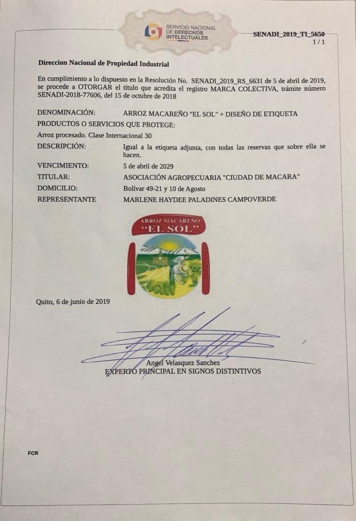 Gracias al esfuerzo y gestión de la Lic. Haydee Paladines y del Ing. Manuel Suquilanda se ha logrado el Registro de la Marca Colectiva  ARROZ MACAREÑO “EL SOL”. Esto servirá para que los agricultores de la ciudad de Macará tengan una marca que proteja del auténtico arroz MACAREÑO