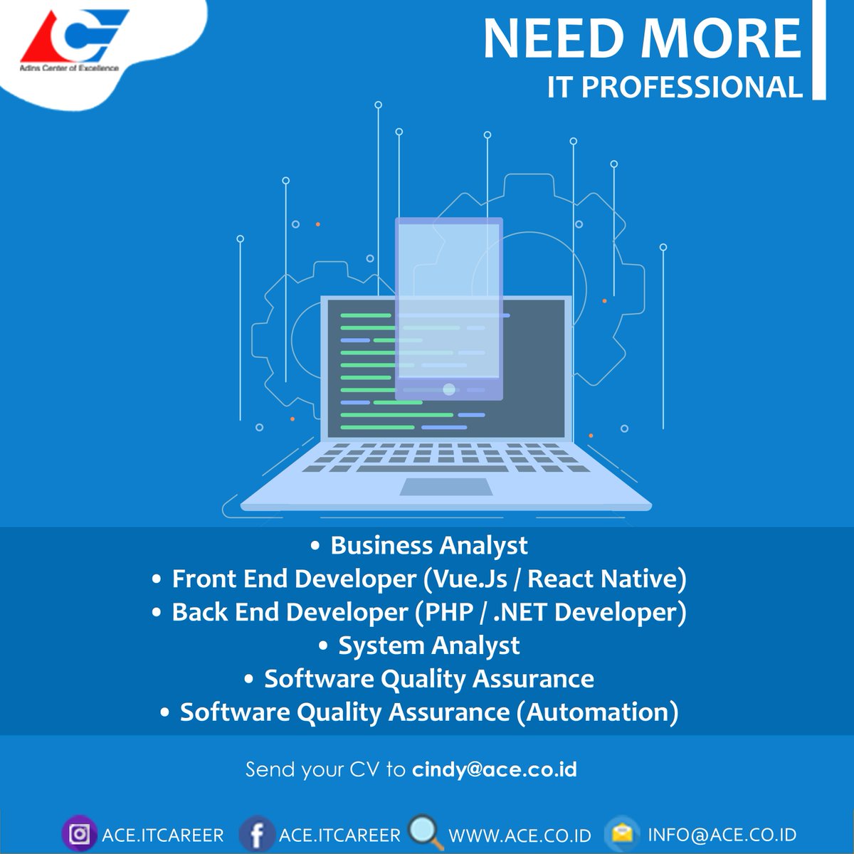 ACE_ITCareer's tweet photo. Hallo sobat ACE, kami masih membutuhkan kamu nih untuk bergabung bersama kami, jika berminat silahkan kirim cv kamu ke email cindy@ace.co.id dengan subjek (nama-posisi) ya!! Kami tunggu cv dari kamu🙏🏻 

#ace #acehr #tips #advice #recruitment #loker #lokerIT #lowonganKerja https://t.co/Hvt0TFB70J