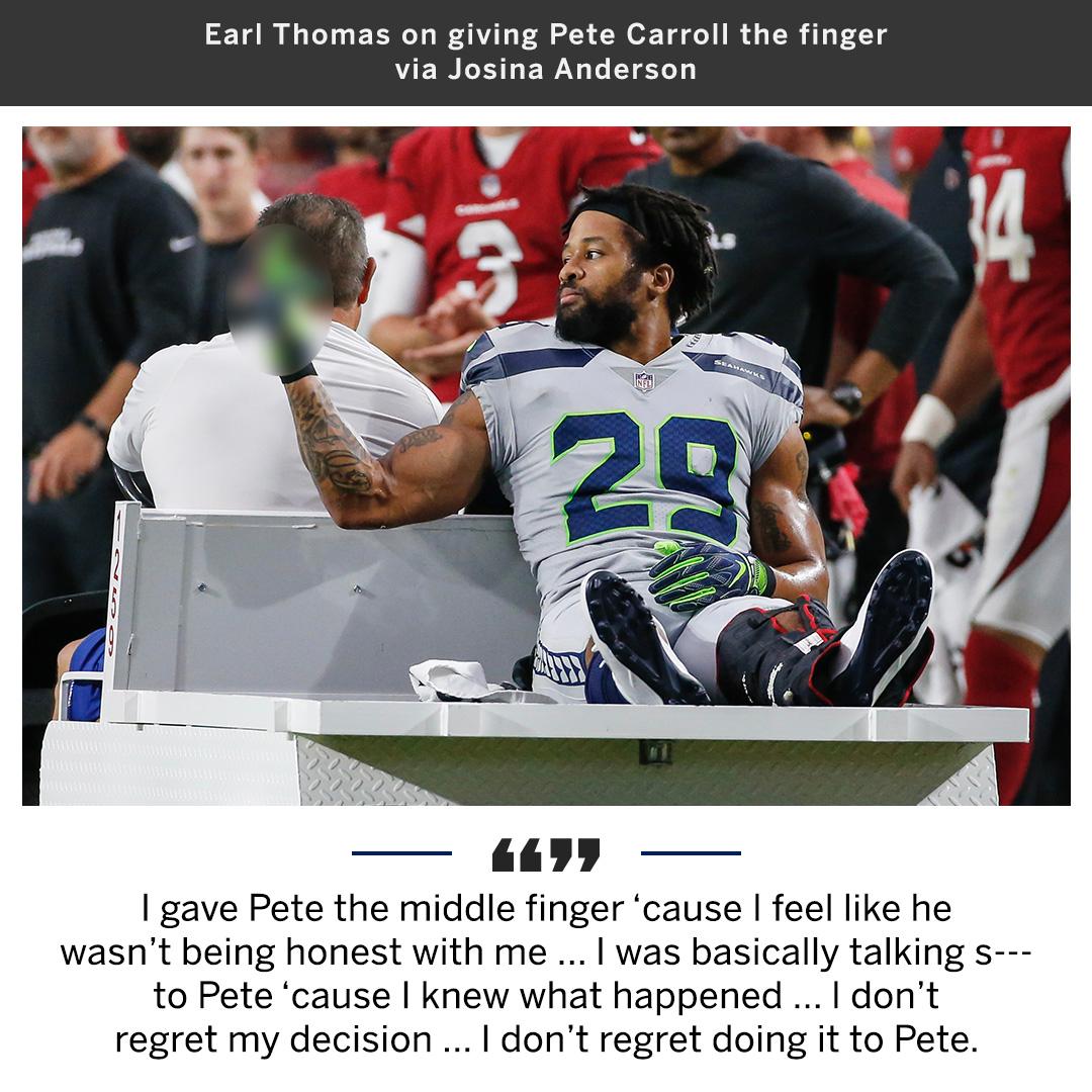 espn's tweet photo. Earl Thomas tells @JosinaAnderson that he stands by giving Pete Carroll the middle finger. https://t.co/F006fB5f0V