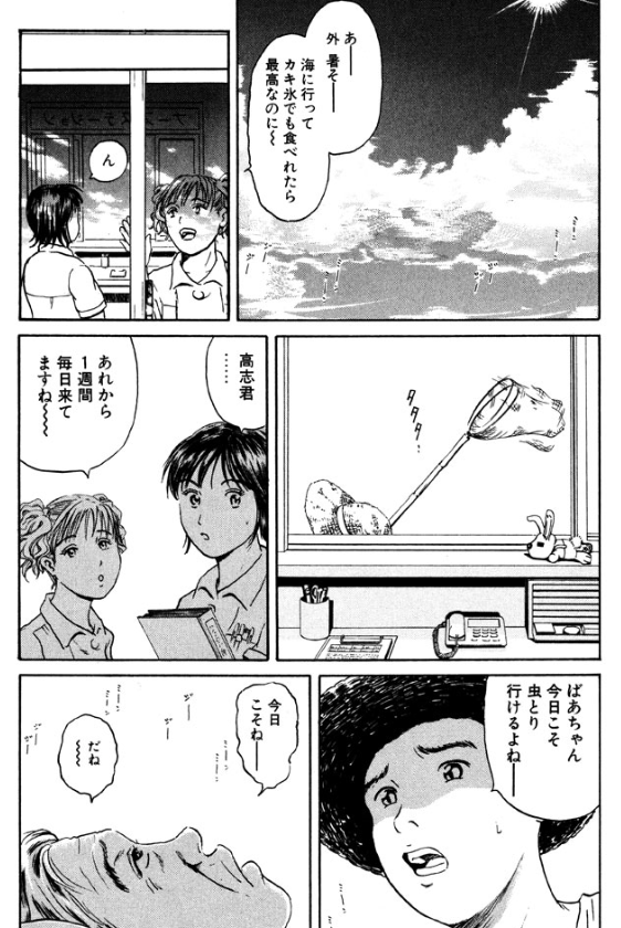 『ばーちゃん!なんで?忘れちゃったの?カブトムシのとり方教えてくれるって!約束どおり算数で「よくできました」とったんだからな!!』
認知症??
夏休み、少年との約束をおばあちゃんは思い出せるのか?
1話読み切り、ナースあおいの奮闘記②