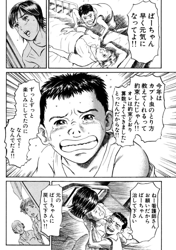 『ばーちゃん!なんで?忘れちゃったの?カブトムシのとり方教えてくれるって!約束どおり算数で「よくできました」とったんだからな!!』
認知症??
夏休み、少年との約束をおばあちゃんは思い出せるのか?
1話読み切り、ナースあおいの奮闘記③