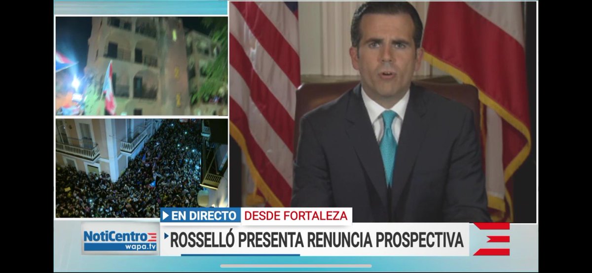 NoticentroWAPA's tweet photo. RENUNCIA: Ricardo Rosselló anuncia su salida de la gobernación de Puerto Rico efectivo el 2 de agosto. Detalles aquí: https://t.co/u0OdRvEae0 https://t.co/7PXC3nVG7u