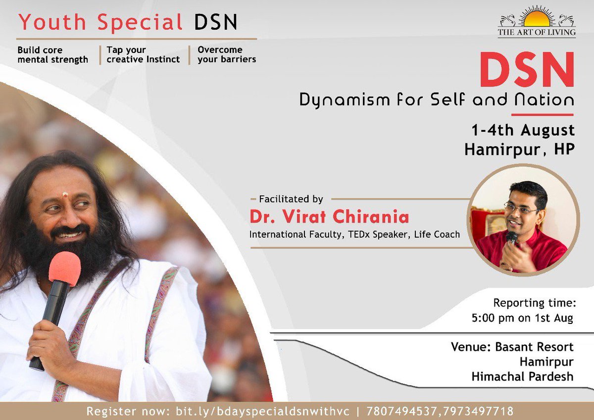 sancy_sharma's tweet photo. Rise above obstacles in Life &amp; move through them with @ArtofLiving Youth Special DSN program conducted by @viratchirania at Hamirpur, #Himachal from 1 to 4 August.
Break the boundaries of the mind to discover your full potential. https://t.co/BqxHM44rJi