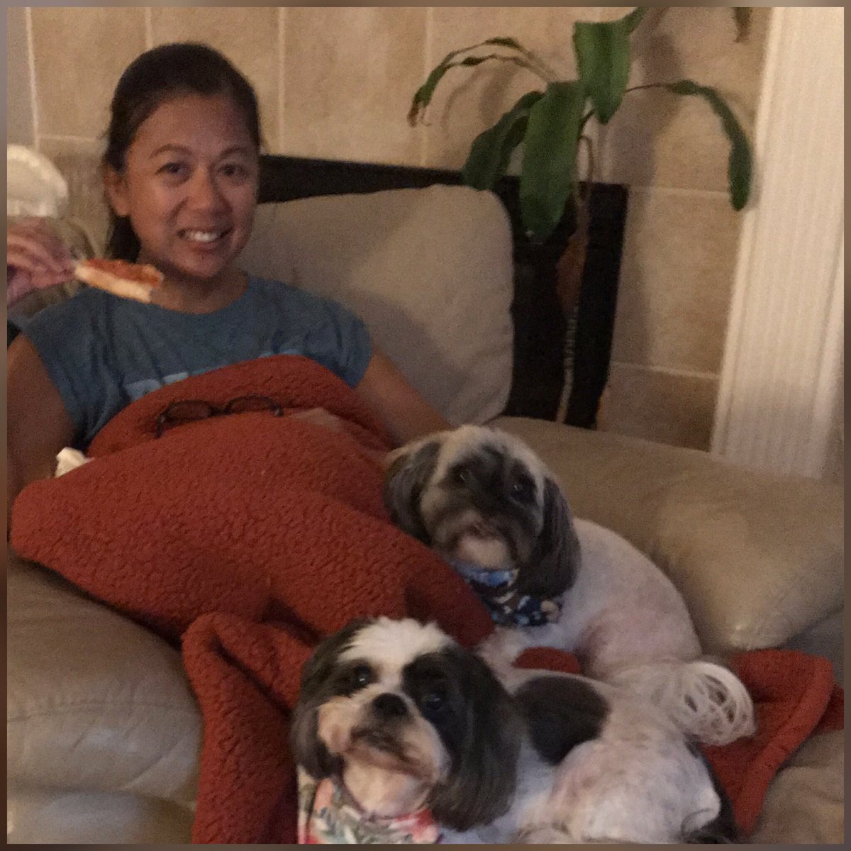 VibarAnne's tweet photo. Stay-cation selfie. Pizza and Netflix with my 4-legged babies. #exleytweets https://t.co/ohihzABhMl