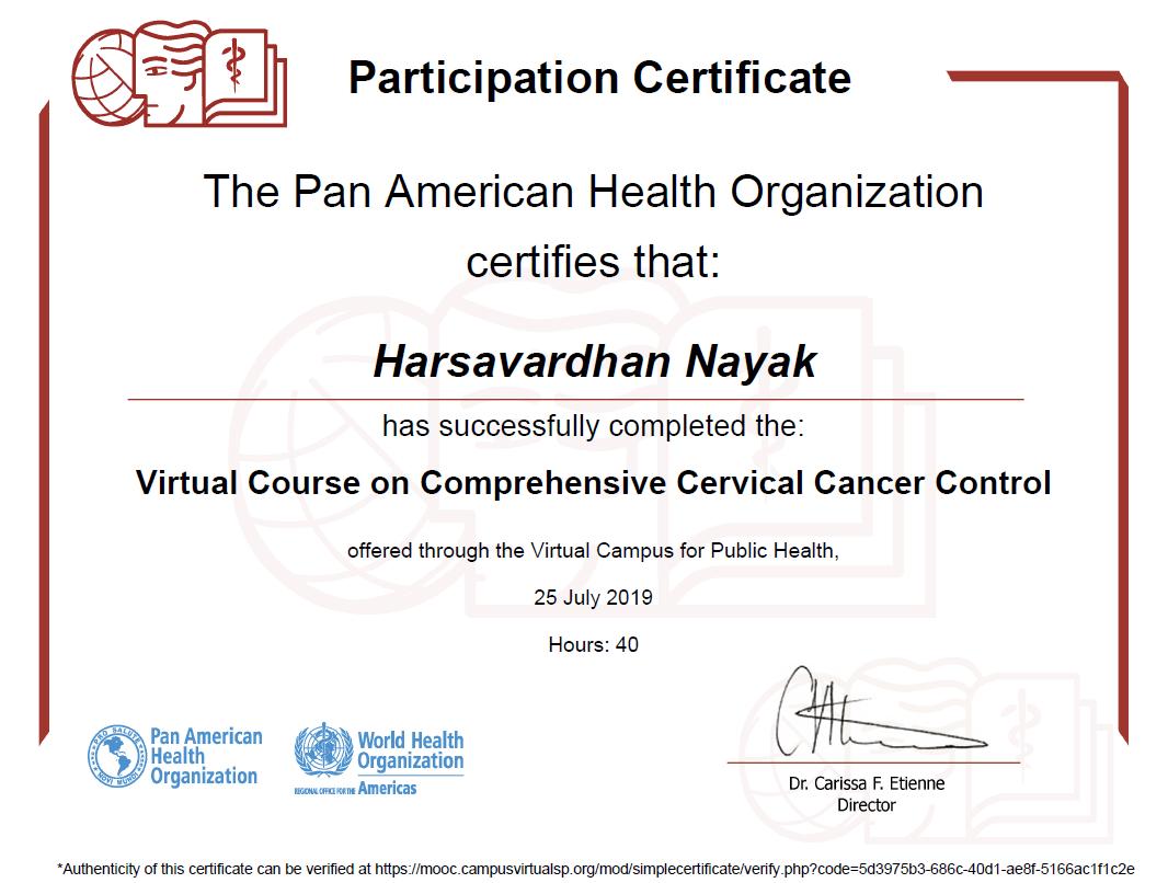 Completed #virtualcourse #cervicalcancer #control by #PAHO & #WHO