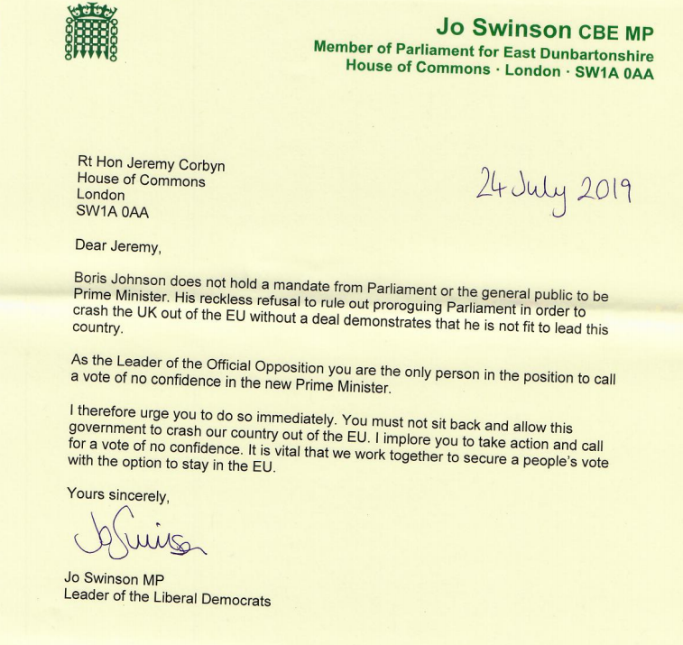 asabenn's tweet photo. Swinson has written to Jeremy Corbyn asking him to back a vote of no confidence in Boris Johnson
Here is her letter: https://t.co/4v7Mhx2CCd