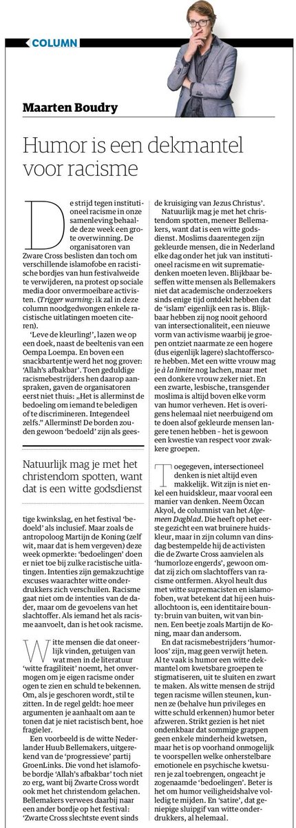 "Humor is een dekmantel voor racisme". Column in 
@NRC. #ZwarteCross #Intersectionaliteit #WitteFragiliteit
nrc.nl/nieuws/2019/07…