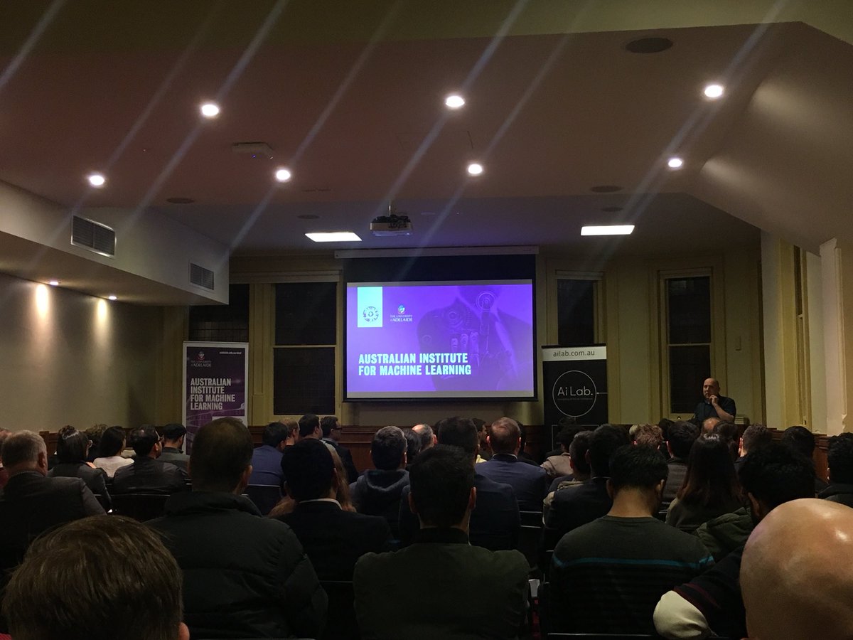 _AiLab's tweet photo. Our Dr. John Flackett (@drpuffa) welcomes all &amp; gives HUGE thanks to @TheAIML for co-sponsoring #AdelaideAI with #AiLab, as well as thanks to tonight’s speakers &amp; volunteers. John also talks about our #AI workshops, events &amp; the new partnership between #AiLab &amp; #TheAIML. https://t.co/it3S7A4l38