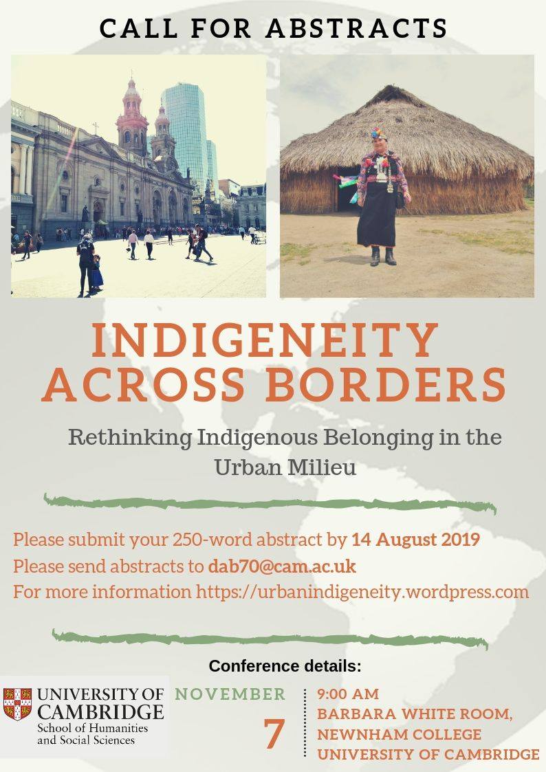 Conferencia-Taller.Indigeneity across Borders: Rethinking Indigenous Belonging in the Urban Milieu.

Envía tu resumen en inglés hasta el 14 de agosto de 2019. Podrás postular a una ayuda para cubrir parte de los gastos del viaje. Más información en la web:
urbanindigeneity.wordpress.com