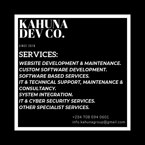 joe_kahuna's tweet photo. KAHUNA DEV CO.
Start-up Software development company in the Capital city, Abuja. We are an exciting and professional IT firm providing quality services such as:
Custom Software development.
Web design & development.
Front & back end programming.
IT/User support & maintenance. https://t.co/9JVsuRF12y