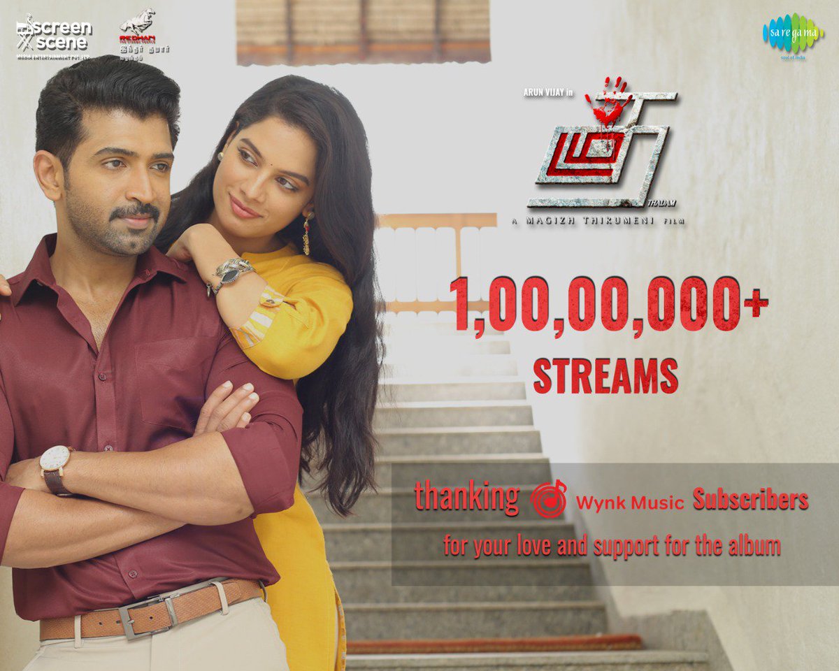 Thanks for the Tons of love showered by @WynkMusic subscribes for the #ThadamAlbum, now crossed 1⃣crore + streams. @arunvijayno1 #magizhthirumeni @arunrajmusic @Tanyahopeoffl @Vidya_actress @RedhanCinemas