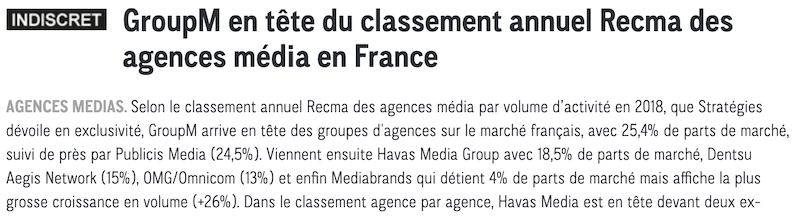 Immense bravo aux équipes des agences de @GroupMFrance (WPP) qui représente plus d'un quart du marché français (25,4%) : GroupM en tête du classement annuel Recma des agences média en France