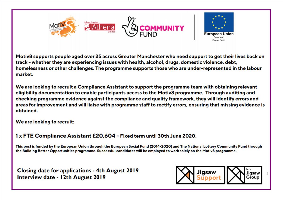 Would you like to join the #Motiv8GM team to help people get back on track? We currently have a vacancy for a Compliance Assistant.  Closing date 4th August. Follow link for further details. 
careers.jigsawhomes.org.uk/81/view #BuildingBetterOpportunities #TNLComFundESF <a href="/TNLComFund/">The National Lottery Community Fund</a>