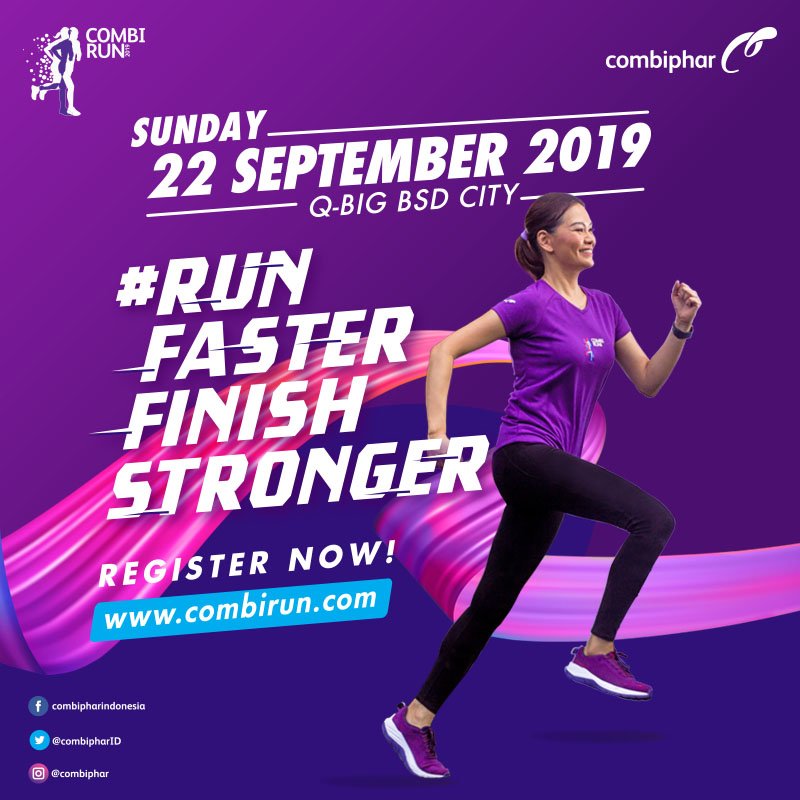 Prambors's tweet photo. Ikutan 'Run Faster Finish Stronger' bersama 
@combiphar di Combi Run 2019!

Minggu, 22 September 2019, di Q-Big, BSD City.

Daftar langsung di https://t.co/vzN39nhDKM ya!

See you on the track!

#ChampioningAHealthyTomorrow
#Combirun2019
#Combirun
#Combiphar
#PramborsAds https://t.co/TsF0Jq1hTr