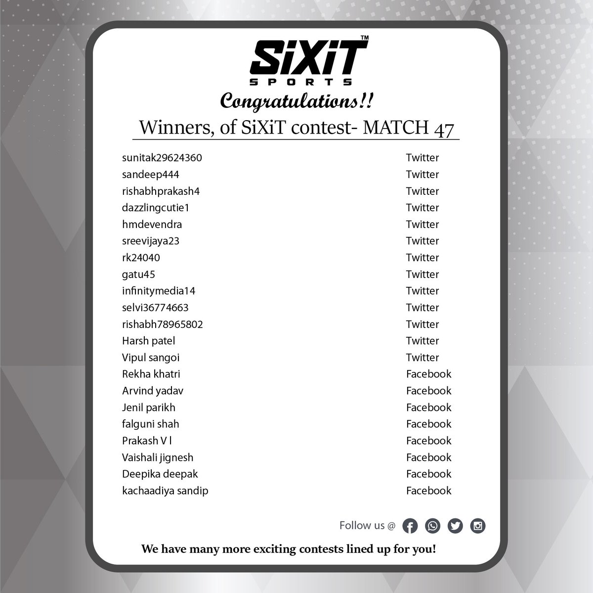 sixitsports's tweet photo. #Congratulations #Winners WorldCup2019 #match47 #Contest #SiXiT #PerformanceUnmatched, kindly request all Winners to fill their respective details in the link below and submit
https://t.co/vHOcQOH56A https://t.co/OtO4stmZ5F