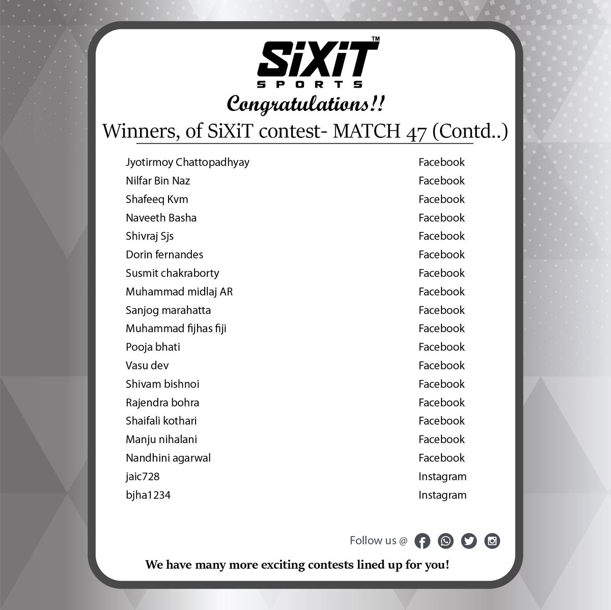 sixitsports's tweet photo. #Congratulations #Winners WorldCup2019 #match47 #Contest #SiXiT #PerformanceUnmatched, kindly request all Winners to fill their respective details in the link below and submit
https://t.co/vHOcQOH56A https://t.co/OtO4stmZ5F