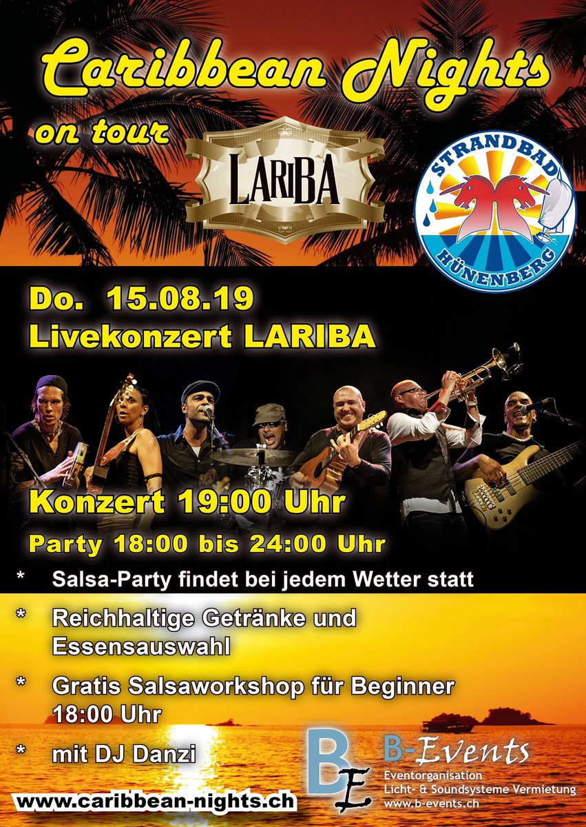 Caribbean Nights (@caribbeann8s) on Twitter photo <a href="/CaribbeanN8s/">Caribbean Nights</a> mit Livekonzert von Lariba in der Badi Hünenberg <a href="/BadiBeiz/">Strandbad Hünenberg</a> <a href="/RetoBurger/">Reto Burger</a> <a href="/bevents_ch/">B-Events</a> <a href="/1Danzi/">Danzi / DJ Danzi</a> #Salsa #bachata #openair #konzert #dance #luzern #Zug #party <a href="/CaribbeanN8s/">Caribbean Nights</a> mit Livekonzert von Lariba in der Badi Hünenberg <a href="/BadiBeiz/">Strandbad Hünenberg</a> <a href="/RetoBurger/">Reto Burger</a> <a href="/bevents_ch/">B-Events</a> <a href="/1Danzi/">Danzi / DJ Danzi</a> #Salsa #bachata #openair #konzert #dance #luzern #Zug #party