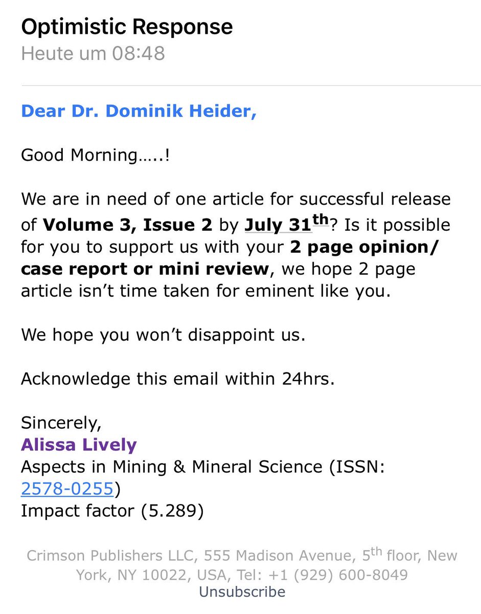 Heiderlab's tweet image. Oh man, they are bothering me again. They now say they have an impact factor of 5.29... yes, sure... “acknowledge the email within 24hrs”... are you kidding me? #academicspam #fakejournal