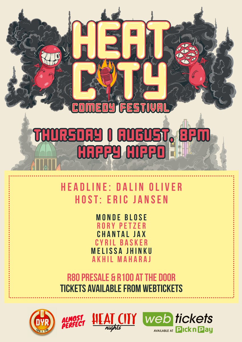Next Thursday see's a hilarious selection of comedians from across SA joining us at Dbn's weekly comedy home, Happy Hippo for #HCCF2019

<a href="/DalinOliver/">IG:dalinoliver</a> headlines &amp; @EricJGJansen hosts.

Joining them are:
<a href="/RoryPetzer/">Rory Petzer</a>
<a href="/JaxxJustice/">Jaxx Justice</a>
@AkhilYou02
&amp; more

Tickets: bit.ly/heatcitycomedy…