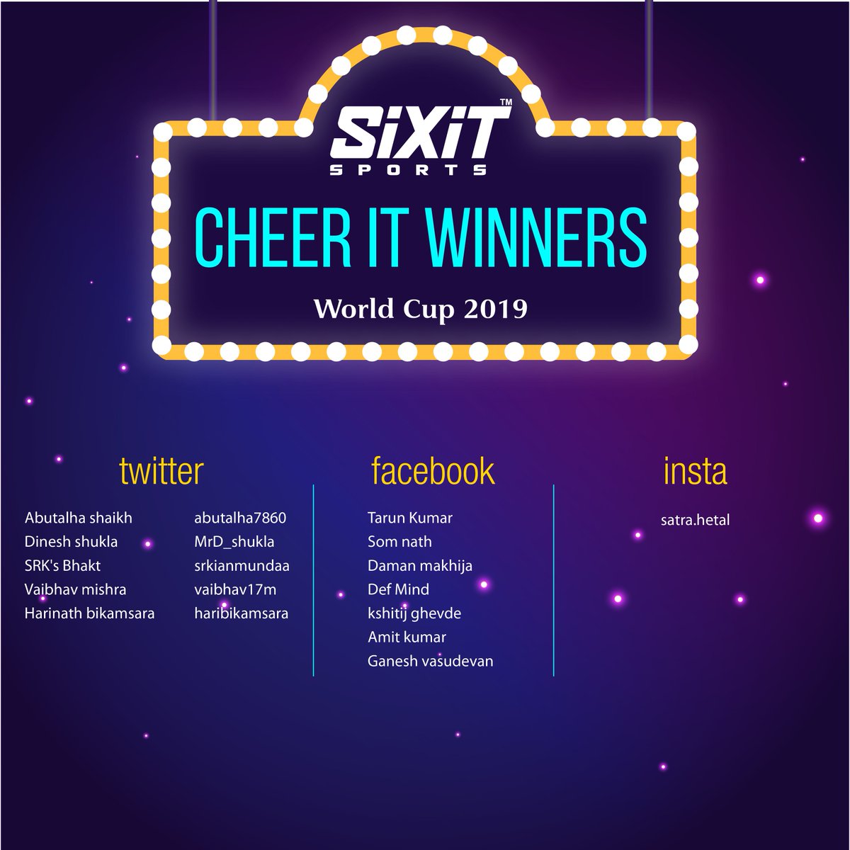 sixitsports's tweet photo. #Congratulations #Winners WorldCup2019 #CHEERiT #Contest #SiXiT #PerformanceUnmatched, kindly request all Winners to fill their respective details in the link below and submit 
https://t.co/90iXJHCGfO https://t.co/Bq4LQdJIcs