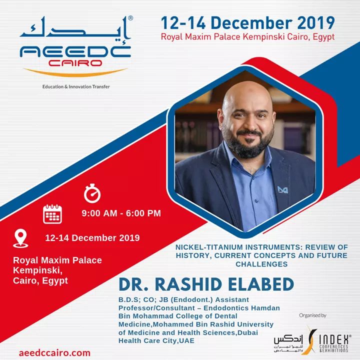 AeedcCairo's tweet photo. Our confirmed #AEEDCCAIRO Speaker Dr. Rashid Elabed is Specialist Endodontist at Hamdan Bin Mohammed College of Dental Medicine,and for over 18 years of expertise lectured and conducted hands-on endodontics courses worldwide.
registration@aeedccairo.com
+97145208826
#endodontist https://t.co/a7RV8WMTTO