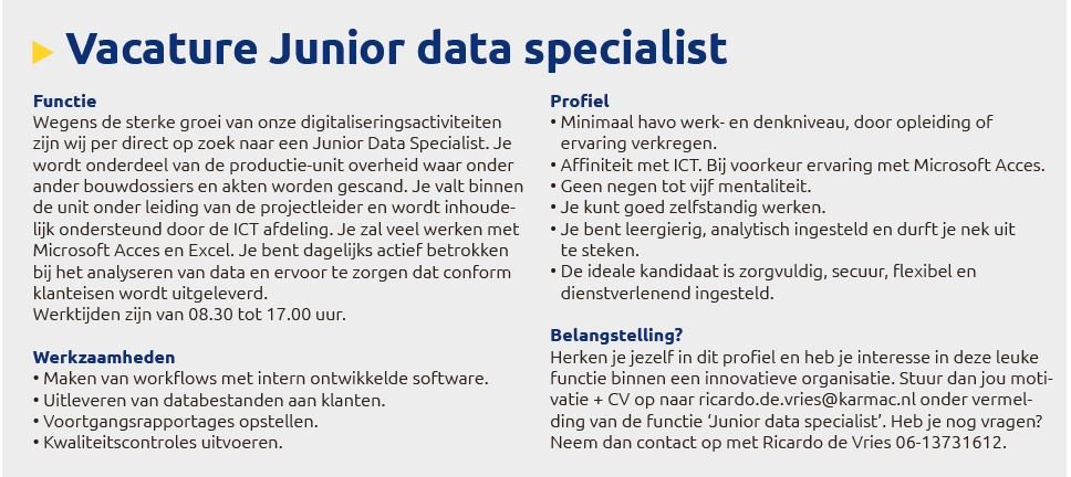 📣 Kom jij bij ons werken? Wij hebben de #vacature #Junior #data #specialist open staan. Is deze functie iets voor jou? Reageer dan uiterlijk 1 augustus!