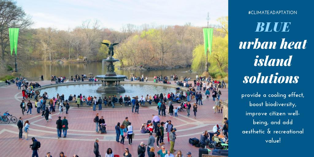 Want to #BeatTheHeat? Examples of #blue solutions to fight #UrbanHeatIslands include lakes, #water fountains & misting stations! In addition to a cooling effect, they boost #biodiversity, improve citizen well-being, add to the aesthetic value, & can be just plain fun!