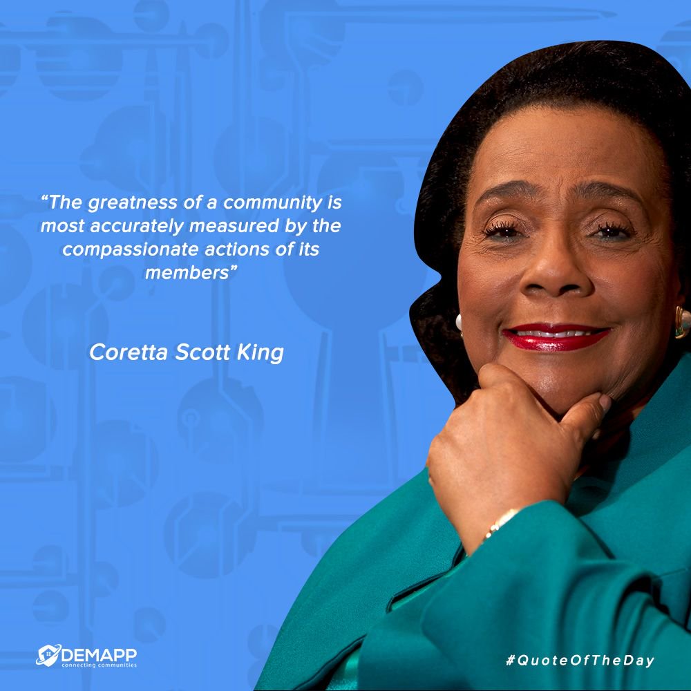 DEM_App_'s tweet image. Quoting her husband, Dr. Martin Luther King, Coretta said, to serve, all one needs is “a heart of grace and a soul generated by love.” Service to others is a way to connect to the divine
Helping others is what makes us a community
#DEMApp #community #love #TGIF #FridayMotivation