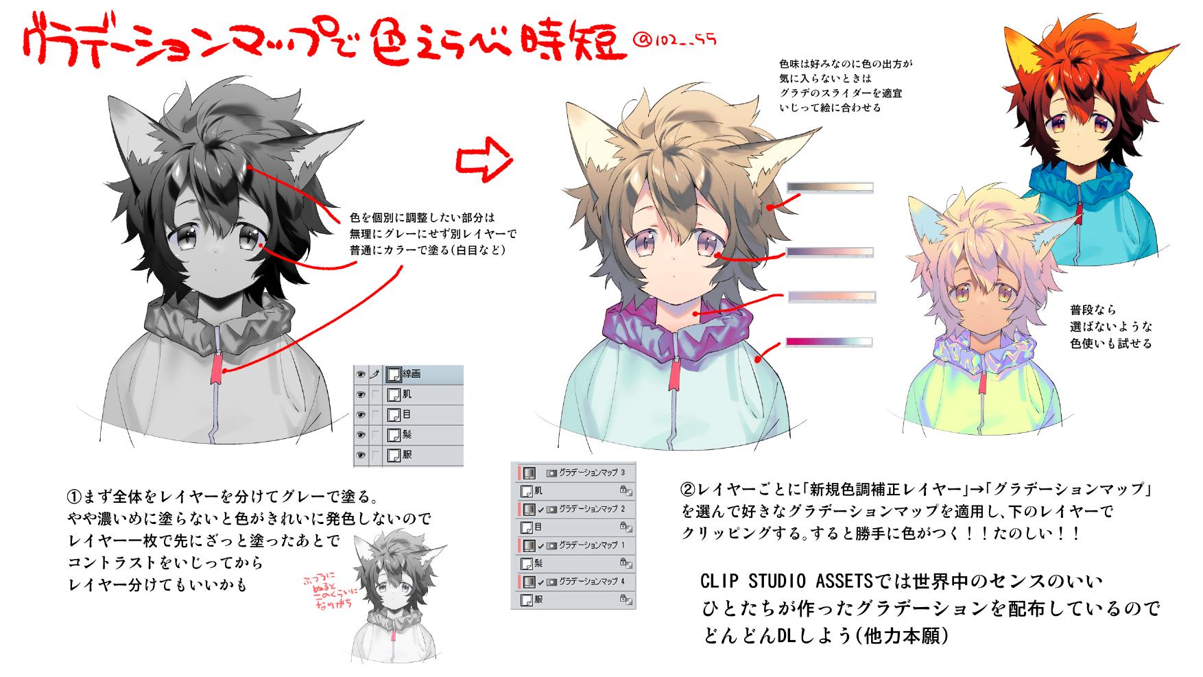 柊暁生 はたらく魔王さま漫画巻10 27発売 思った以上に伸びてるので捕捉です グリザイユのグレー塗り楽しくない そんなときは先にマップ適用してしまえばいいのだ 入門編としてこのグラデがとてもお勧めです グラデーションマップで肌を塗るやつ