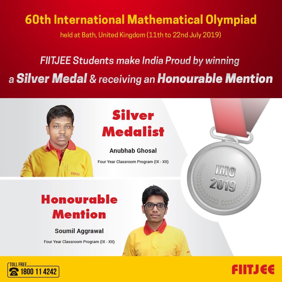 FiitjeeA's tweet image. FIITJEE Students make India proud by winning SILVER Medal &amp;amp; Honourable Mentions at 60th International Mathematical Olympiad ( Bath, United Kingdom - 11th - 22nd July 2019)
#MathematicalOlympiad #Mathematics #Olympiad2019 #SilverMedal #JEETopper #IITJEE